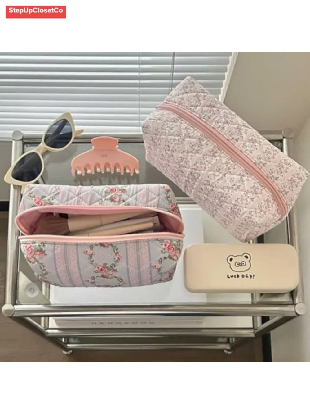 Quilted Floral Cosmetic Bag Women Travel Toiletry Makeup Organizer Portable
